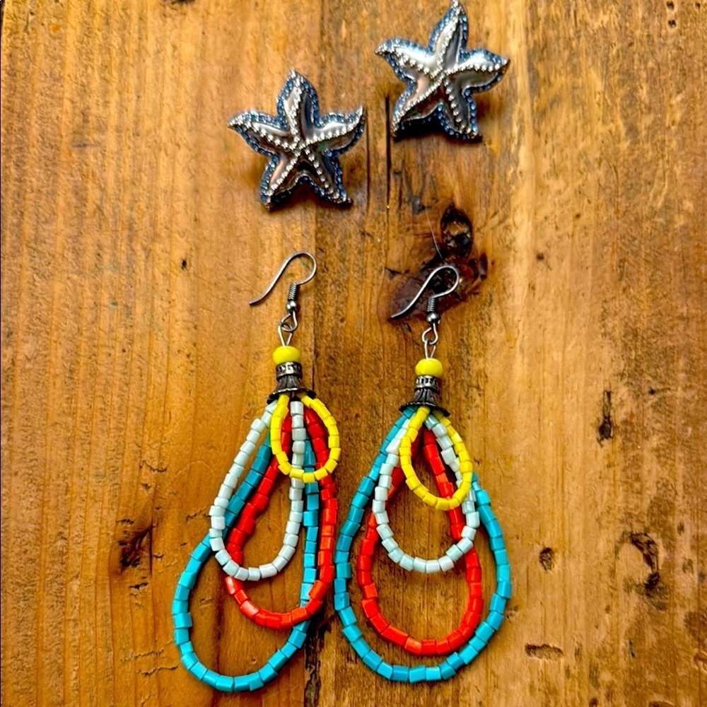 Colorful Beaded Earrings & Starfish posts nice tropical set!